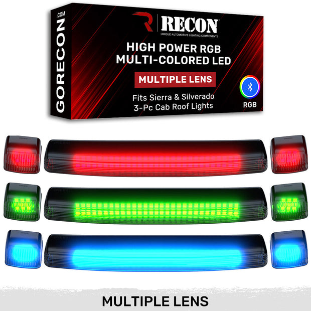 GMC & Chevy 15-19 (3rd GEN Body Style) Heavy-Duty (3-Piece Set) Smoked Cab Roof Light Lens with RGB (Multi-Colored) High-Power LED's - Complete Kit With Wiring & Hardware - ATTN: Cab Lights are User Controlled by Bluetooth Using App Thru Mobile Phone / Tablet - MULTI-COLORED