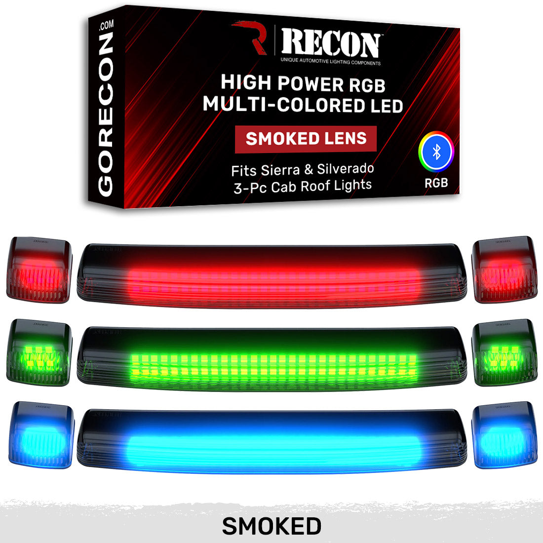 GMC & Chevy 15-19 (3rd GEN Body Style) Heavy-Duty (3-Piece Set) Smoked Cab Roof Light Lens with RGB (Multi-Colored) High-Power LED's - Complete Kit With Wiring & Hardware - ATTN: Cab Lights are User Controlled by Bluetooth Using App Thru Mobile Phone / Tablet - MULTI-COLORED - Image 4