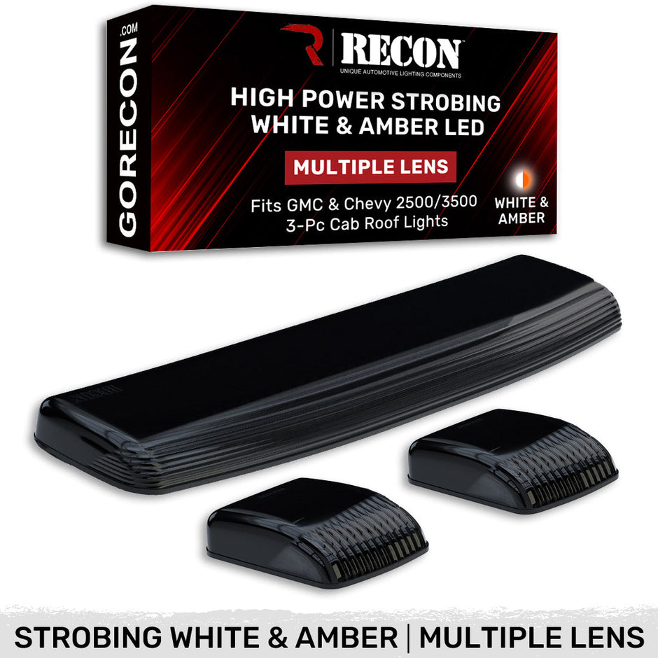 GMC & Chevy 15-19 (3rd GEN Body Style) Heavy-Duty (3-Piece Set) Smoked Cab Roof Light Kit with White & Amber Strobe LED's & White or Amber Running Light LED's - (Complete Wiring Kit & Hardware Included)