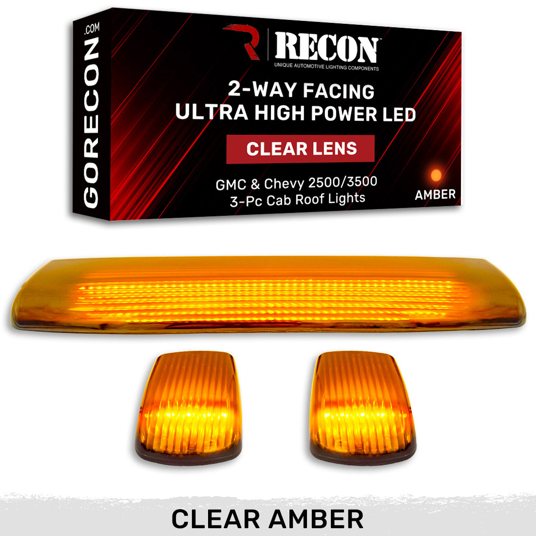 GMC & Chevy 15-19 (3rd GEN Body Style) Heavy-Duty (3-Piece Set) Clear Cab Roof Light Lens with 2-Way Forward & Rear Facing Amber ULTRA High-Power LEDs - (Plug-N-Play Installation Replaces OEM Installed Cab Roof Lights)