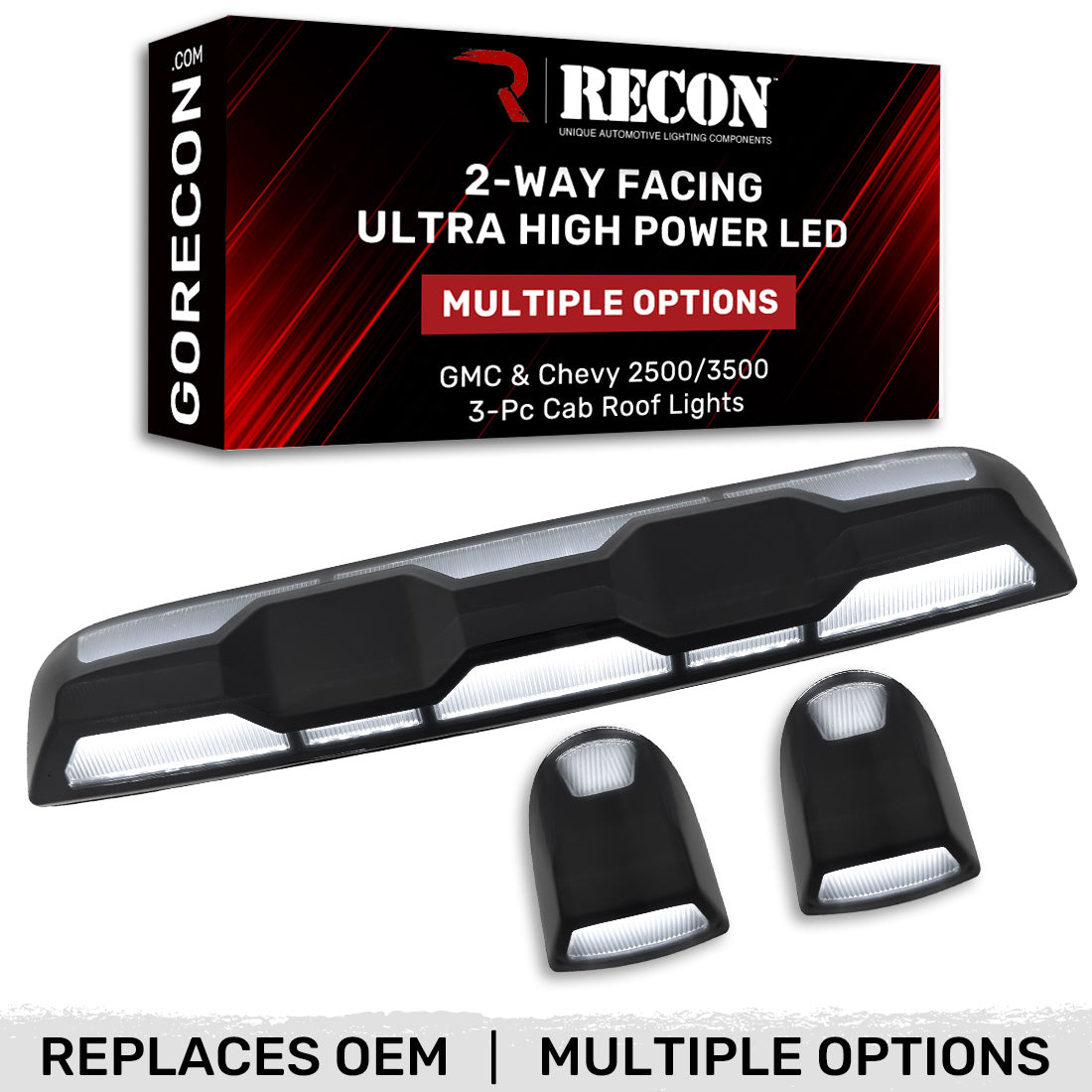 GMC & Chevy 20-23 (4th GEN Body Style) Heavy-Duty (3-Piece Set) Smoked Cab Roof Light Lens with 2-Way Forward & Rear Facing White ULTRA High-Power LEDs - (Plug-N-Play Replacement for OEM Factory Installed Cab Roof Lights)