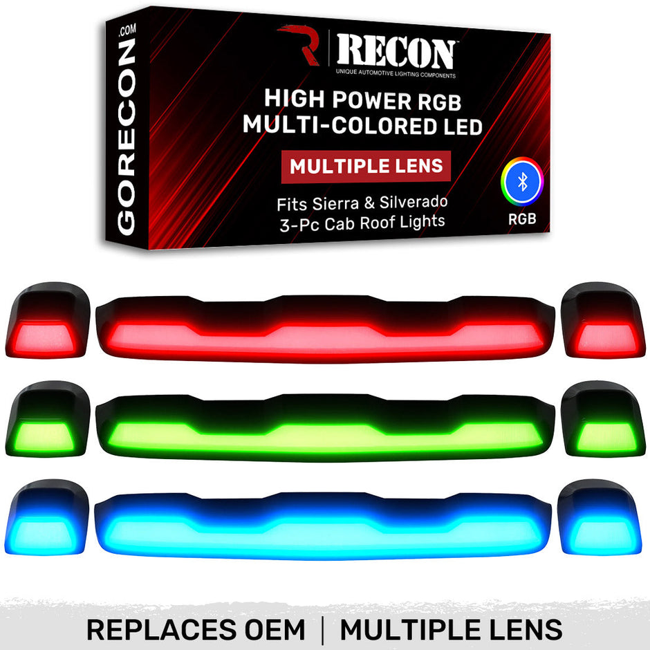 GMC & Chevy 20-23 (4th GEN Body Style) Heavy-Duty (3-Piece Set) Smoked Cab Roof Light Lens with RGB (Multi-Colored) High-Power LED's - Complete Kit With Wiring & Hardware - ATTN: Cab Lights are User Controlled by Bluetooth Using App Thru Mobile Phone / Tablet - MULTI-COLORED