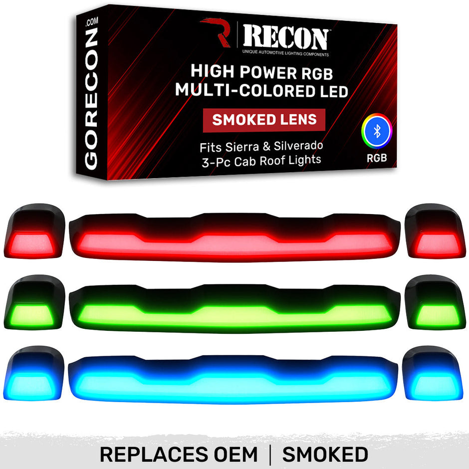 GMC & Chevy 20-23 (4th GEN Body Style) Heavy-Duty (3-Piece Set) Smoked Cab Roof Light Lens with RGB (Multi-Colored) High-Power LED's - Complete Kit With Wiring & Hardware - ATTN: Cab Lights are User Controlled by Bluetooth Using App Thru Mobile Phone / Tablet - MULTI-COLORED - Image 3