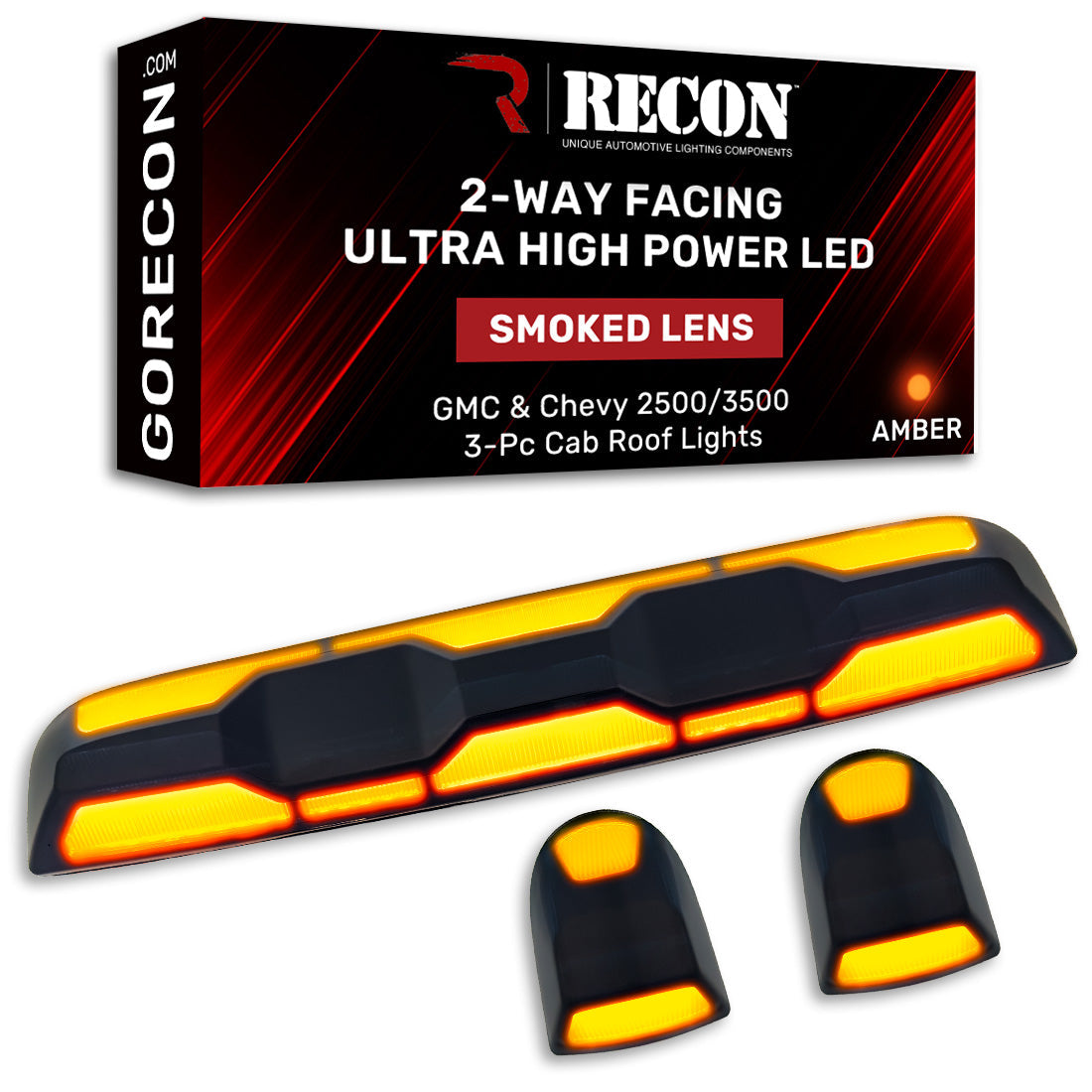 GMC & Chevy 20-23 (4th GEN Body Style) Heavy-Duty (3-Piece Set) Smoked Cab Roof Light Lens with 2-Way Forward & Rear Facing Amber ULTRA High-Power LEDs - (Includes Complete Wiring Kit For Installation On Truck That DID NOT Come With OEM Installed Cab Roof Lights) - Image 2