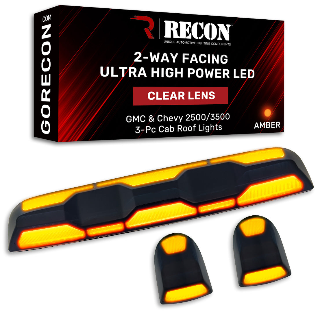 GMC & Chevy 20-23 (4th GEN Body Style) Heavy-Duty (3-Piece Set) Clear Cab Roof Light Lens with 2-Way Forward & Rear Facing Amber ULTRA High-Power LEDs - (Includes Complete Wiring Kit For Installation On Truck That DID NOT Come With OEM Installed Cab Roof Lights) - Image 3