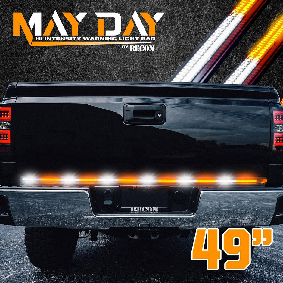 49" MayDay Tailgate Bar w/ Ultra High-Power Dual Row AMBER & WHITE User Selectable Scanning & Strobing Emergency Flashers (Attn: This bar has NO running light or brake light functionality) (49" bar fits most flare side and smaller trucks and SUV's)