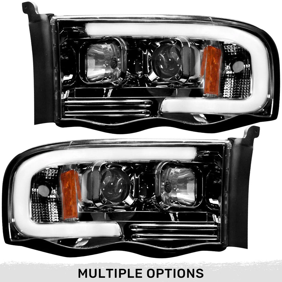 Dodge RAM 02-05 1500/2500/3500 2nd GEN Body Style PROJECTOR HEADLIGHTS w/ Ultra High Power Smooth OLED HALOS & DRL - Smoked / Black