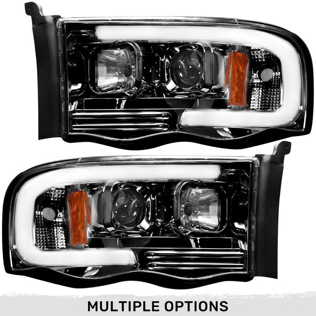 Dodge RAM 02-05 1500/2500/3500 2nd GEN Body Style PROJECTOR HEADLIGHTS w/ Ultra High Power Smooth OLED HALOS & DRL - Smoked / Black
