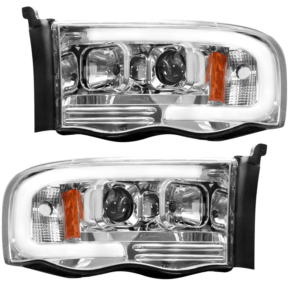Dodge RAM 02-05 1500/2500/3500 2nd GEN Body Style PROJECTOR HEADLIGHTS w/ Ultra High Power Smooth OLED HALOS & DRL - Clear / Chrome