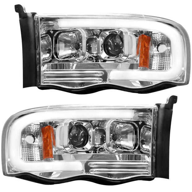Dodge RAM 02-05 1500/2500/3500 2nd GEN Body Style PROJECTOR HEADLIGHTS w/ Ultra High Power Smooth OLED HALOS & DRL - Clear / Chrome