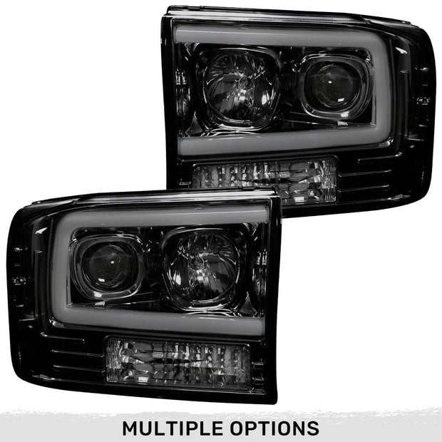 Ford Superduty 99-04 F250/F350/F450/F550 PROJECTOR HEADLIGHTS w/ Ultra High Power Smooth OLED HALOS & DRL - Smoked / Black