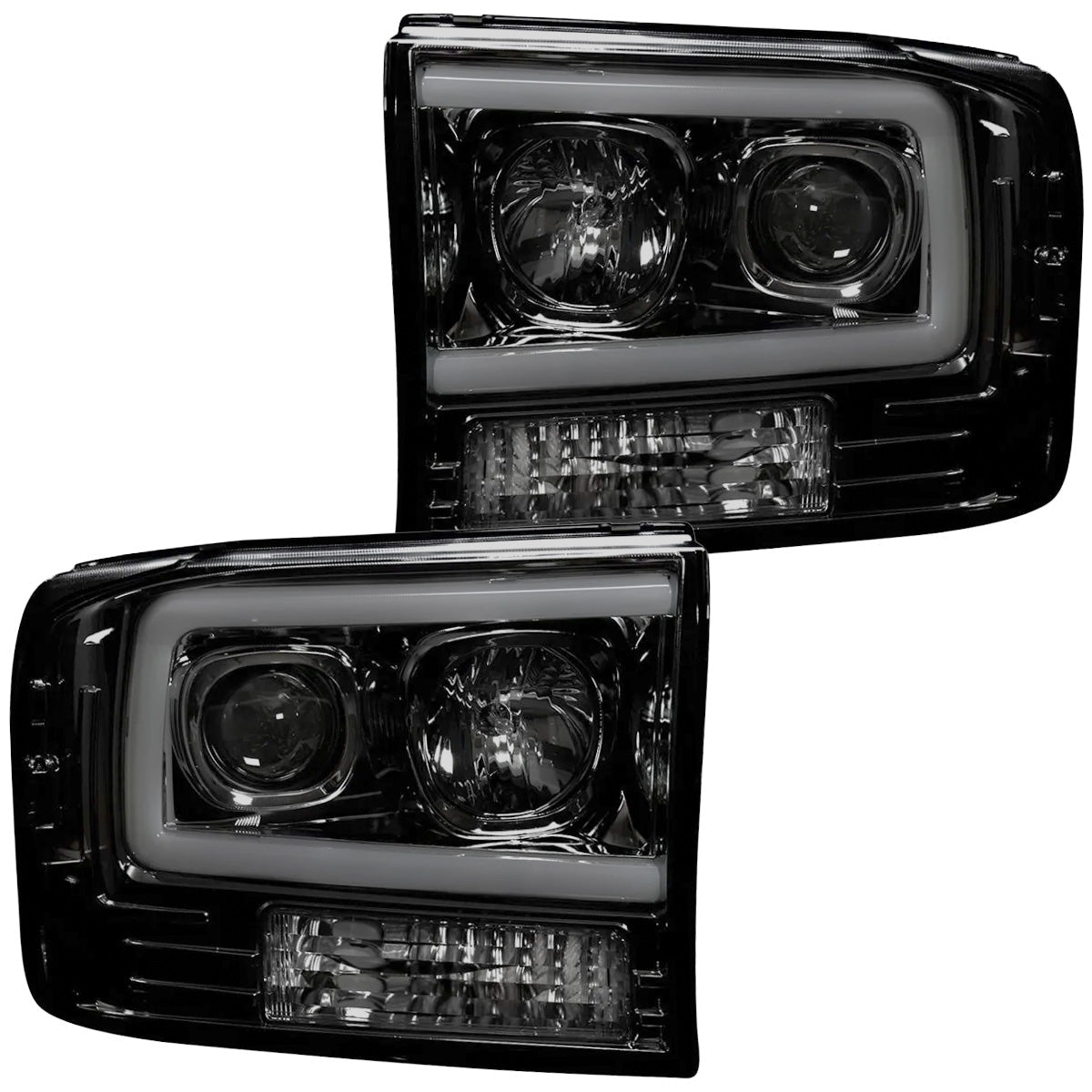 Ford Superduty 99-04 F250/F350/F450/F550 PROJECTOR HEADLIGHTS w/ Ultra High Power Smooth OLED HALOS & DRL - Smoked / Black - Image 2