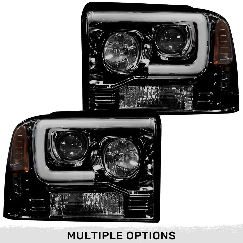 Ford Superduty 05-07 F250/F350/F450/F550 PROJECTOR HEADLIGHTS w/ Ultra High Power Smooth OLED HALOS & DRL - Smoked / Black