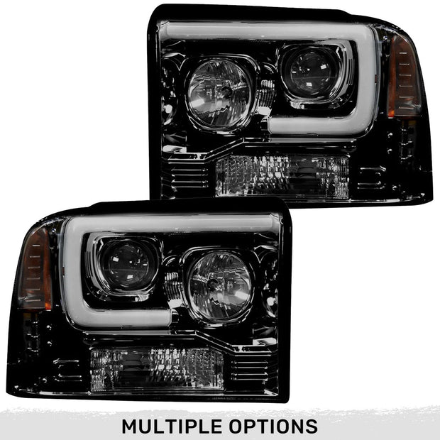 Ford Superduty 05-07 F250/F350/F450/F550 PROJECTOR HEADLIGHTS w/ Ultra High Power Smooth OLED HALOS & DRL - Smoked / Black