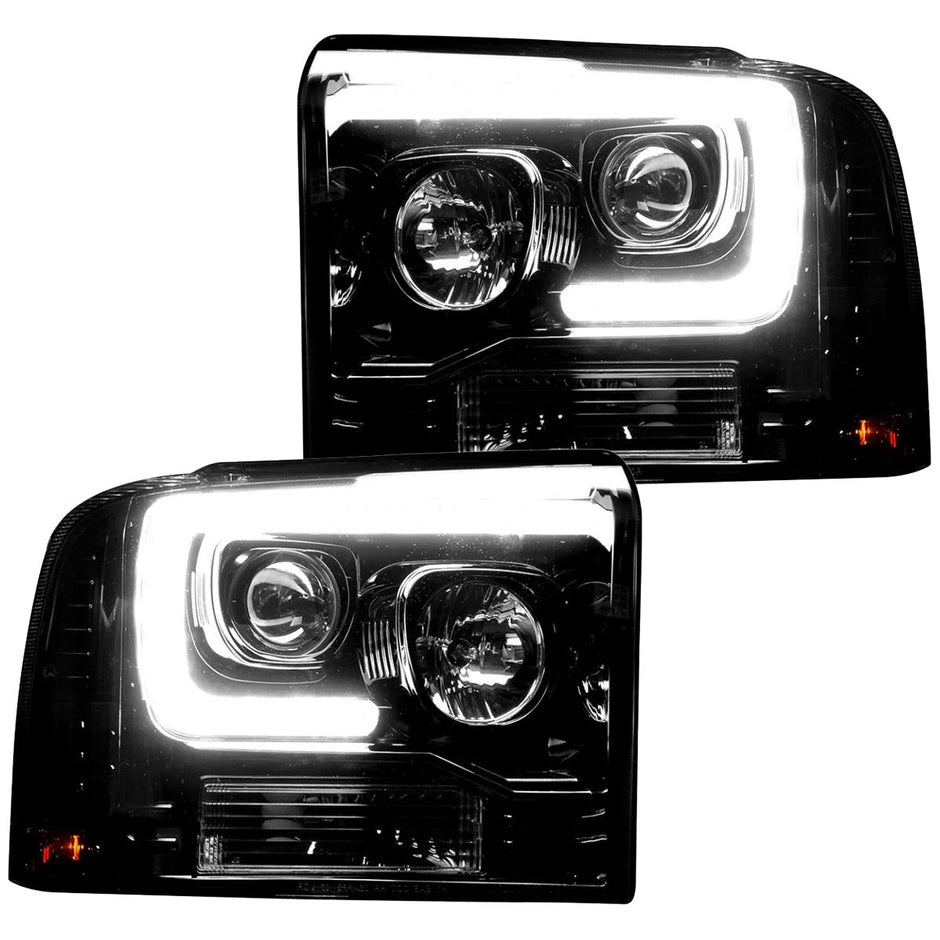 Ford Superduty 05-07 F250/F350/F450/F550 PROJECTOR HEADLIGHTS w/ Ultra High Power Smooth OLED HALOS & DRL - Smoked / Black - Image 4