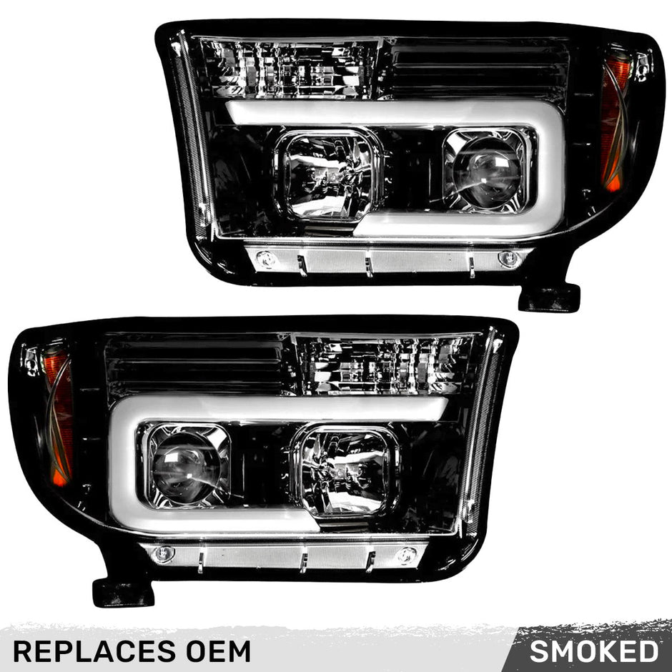Toyota Tundra & Sequoia 07-13 PROJECTOR HEADLIGHTS w/ Ultra High Power Smooth OLED HALOS & DRL - Smoked / Black - Image 3