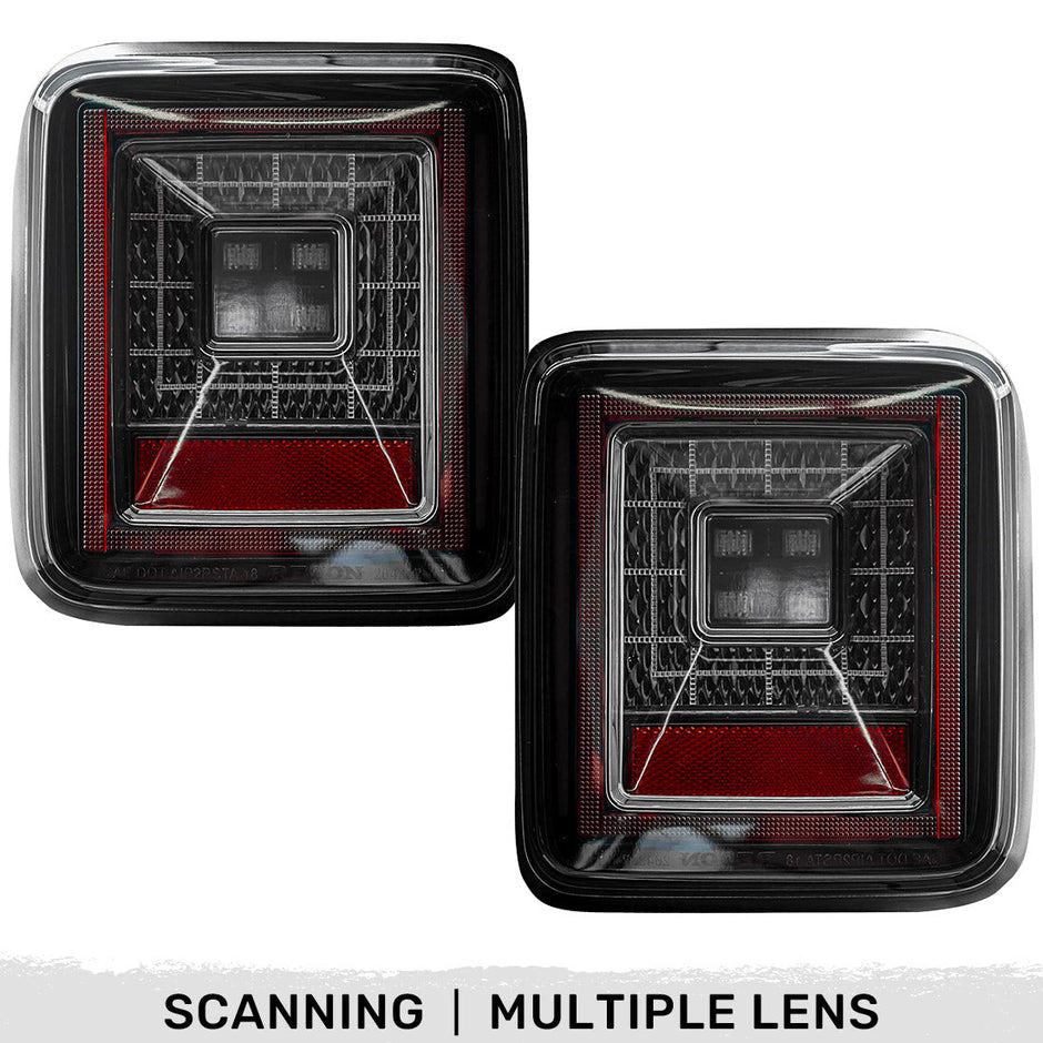 Jeep 18-23 JL Wrangler OLED Tail Lights w/ Red Brake & Running Lights & Red Scanning Turn Signals (Replaces Factory OEM Halogen Tail Lights ONLY) - Smoked Lens