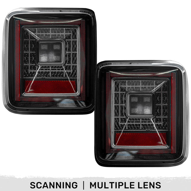 Jeep 18-23 JL Wrangler OLED Tail Lights w/ Red Brake & Running Lights & Red Scanning Turn Signals (Replaces Factory OEM Halogen Tail Lights ONLY) - Smoked Lens