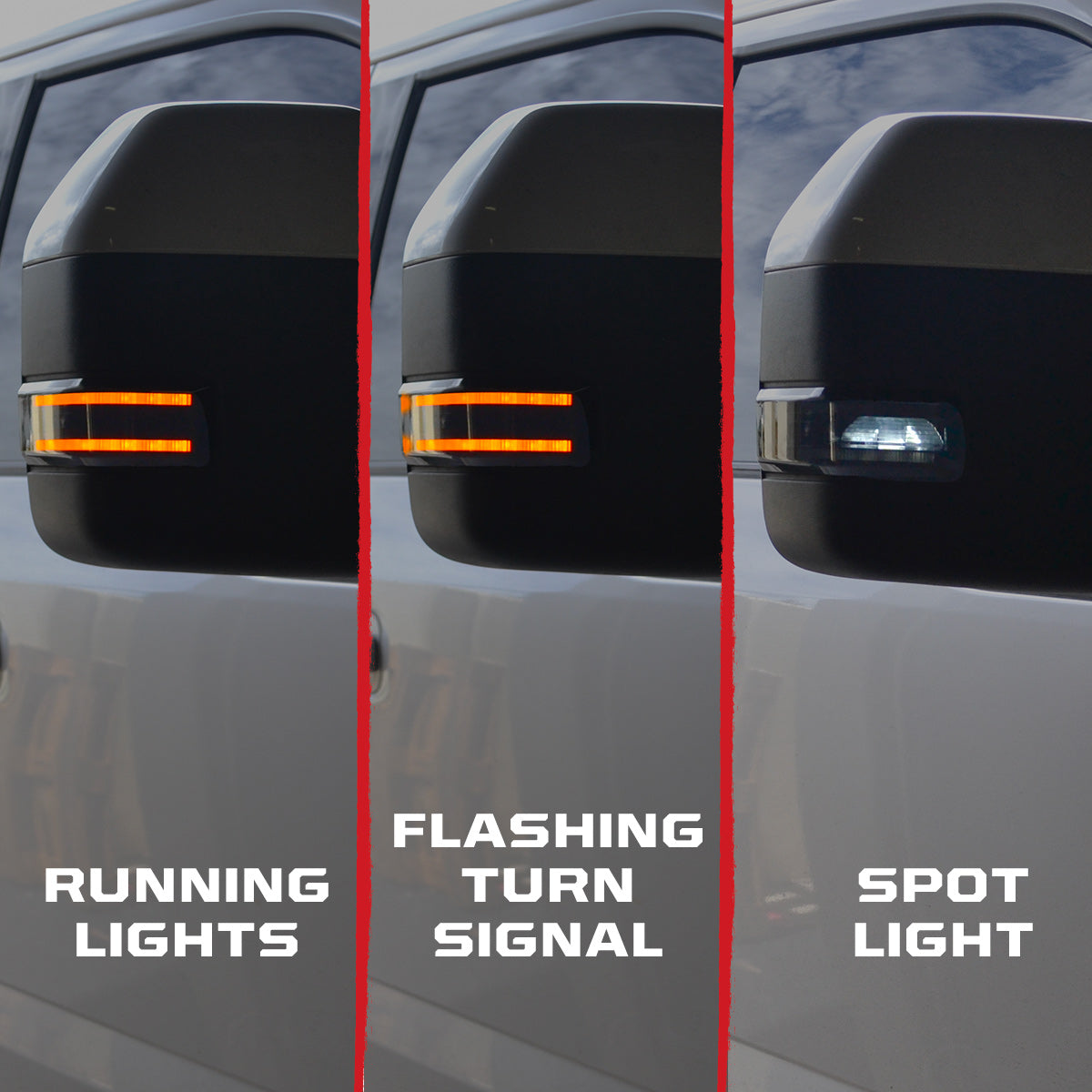 Ford 17-23 F250/F350/F450 Superduty Side Mirror Lenses (2-Piece Set) w/ AMBER LED Running Lights, AMBER Flashing LED Turn Signals & WHITE LED Spot Lights - Smoked Lens - Image 2