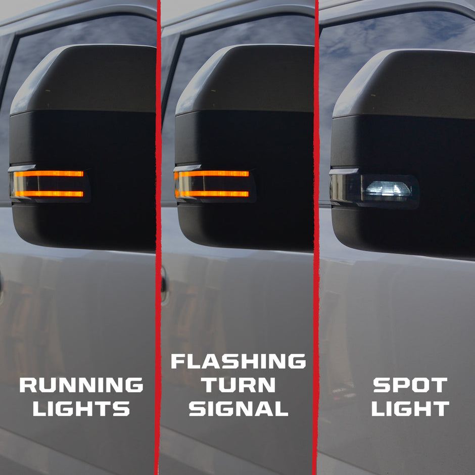 Ford 17-23 F250/F350/F450 Superduty Side Mirror Lenses (2-Piece Set) w/ AMBER LED Running Lights, AMBER Flashing LED Turn Signals & WHITE LED Spot Lights - Smoked Lens - Image 2