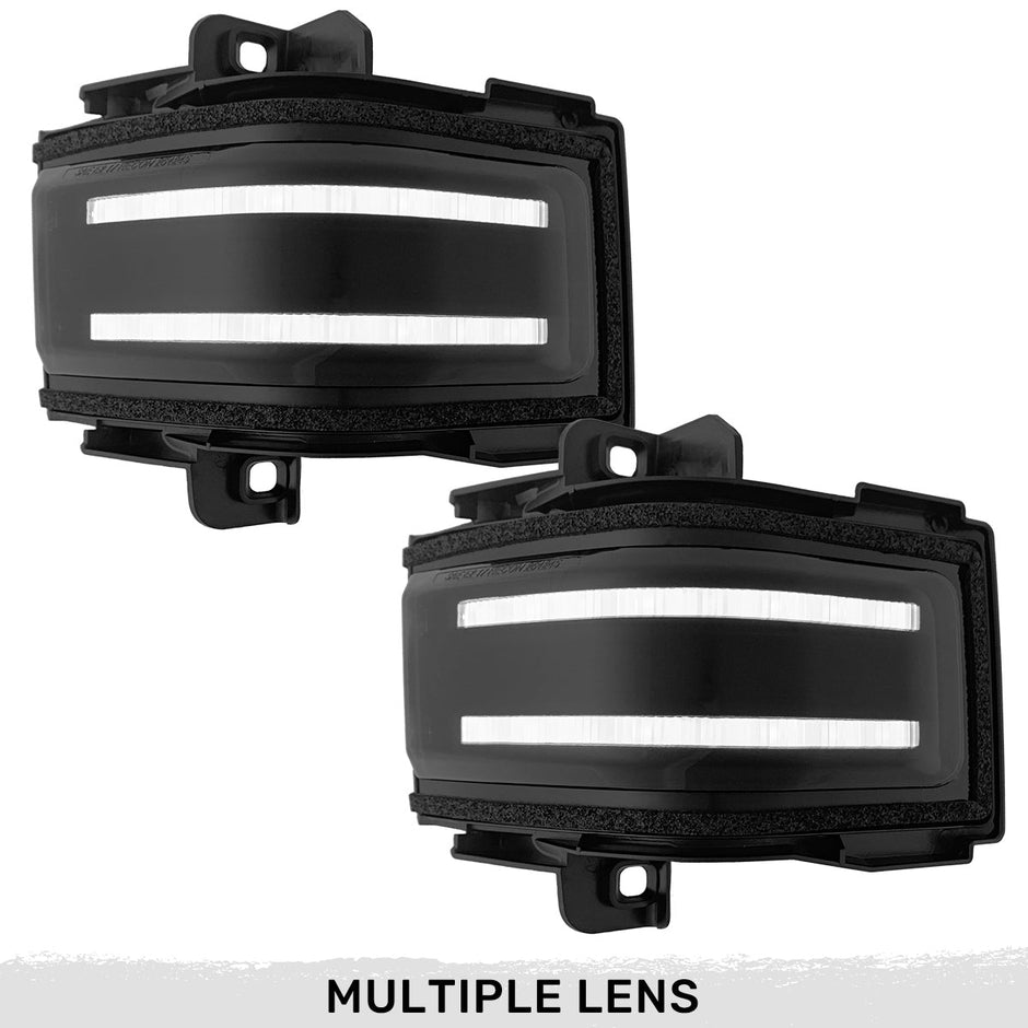 Ford 17-23 F250/F350/F450 Superduty Side Mirror Lenses (2-Piece Set) w/ WHITE LED Running Lights, AMBER Flashing LED Turn Signals & WHITE LED Spot Lights - Smoked Lens