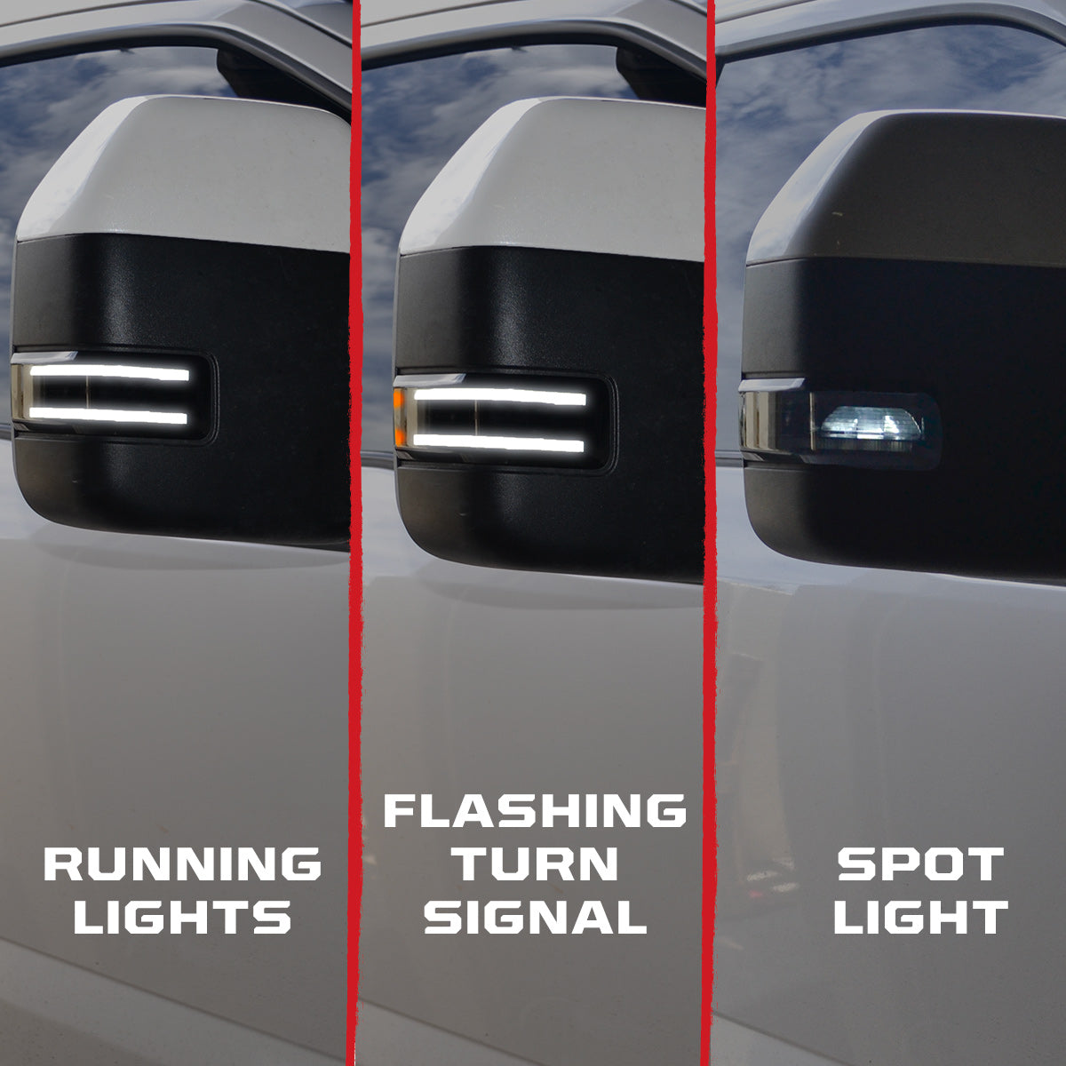 Ford 17-23 F250/F350/F450 Superduty Side Mirror Lenses (2-Piece Set) w/ WHITE LED Running Lights, AMBER Flashing LED Turn Signals & WHITE LED Spot Lights - Smoked Lens - Image 2