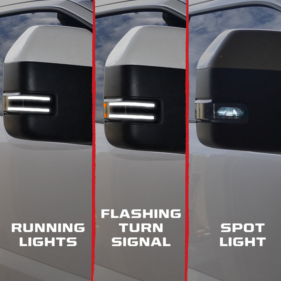 Ford 17-23 F250/F350/F450 Superduty Side Mirror Lenses (2-Piece Set) w/ WHITE LED Running Lights, AMBER Flashing LED Turn Signals & WHITE LED Spot Lights - Smoked Lens - Image 2