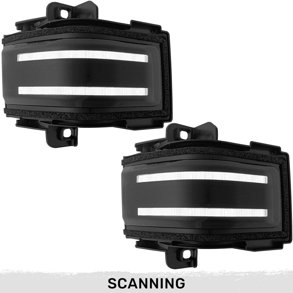 Ford 17-23 F250/F350/F450 Superduty Side Mirror Lenses (2-Piece Set) w/ WHITE LED Running Lights, AMBER Scanning LED Turn Signals & WHITE LED Spot Lights - Smoked Lens