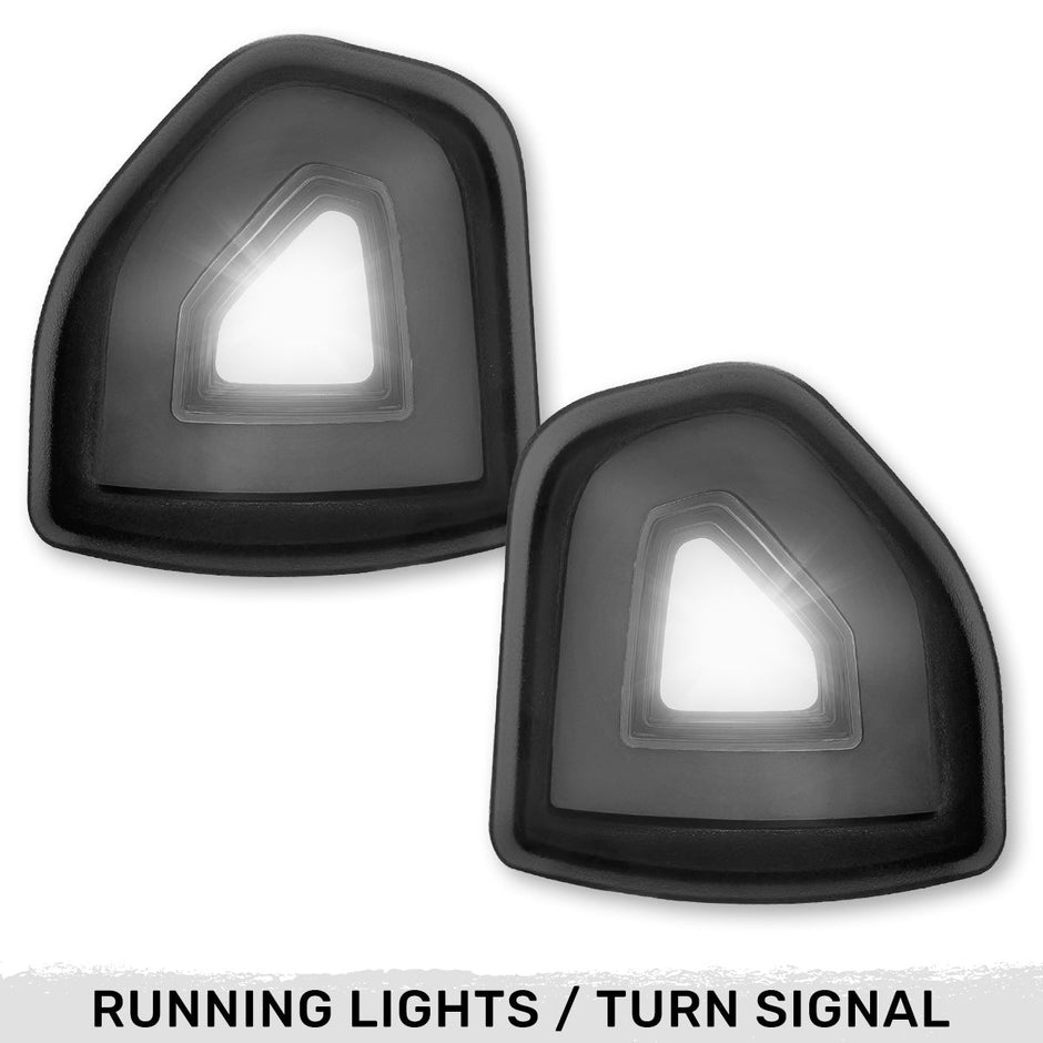 Dodge 21-24 RAM 1500 19-22 RAM 2500/3500 Corner Side Tow Mirror Turn Signal & Running Light (2-Piece Set) w/ AMBER LED Turn Signals & WHITE LED Running Lights - Smoked Lens