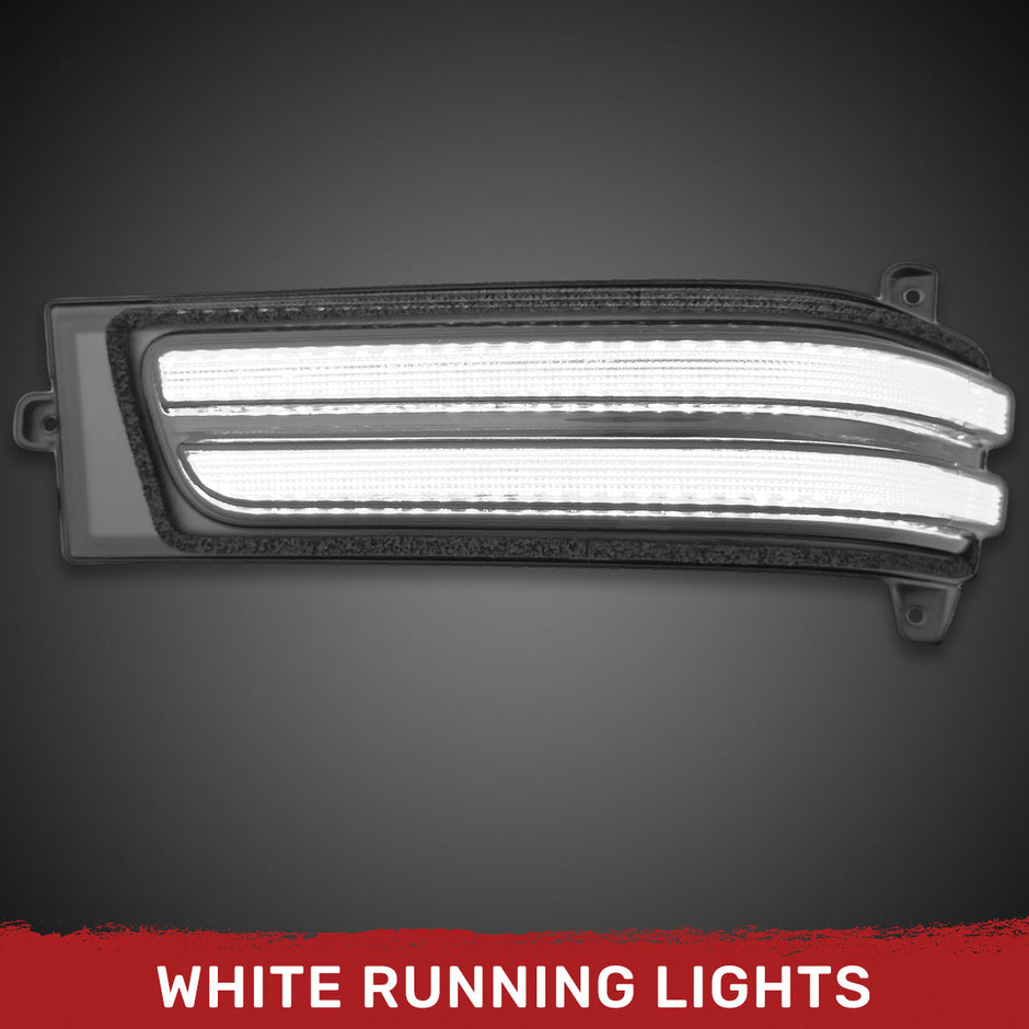 Dodge 25-26 RAM 1500 23-25 RAM 2500/3500 Side Mirror Turn Signal & Running Light (2-Piece Set) w/ AMBER SCANNING LED Turn Signals & WHITE LED Running Lights - Clear Lens