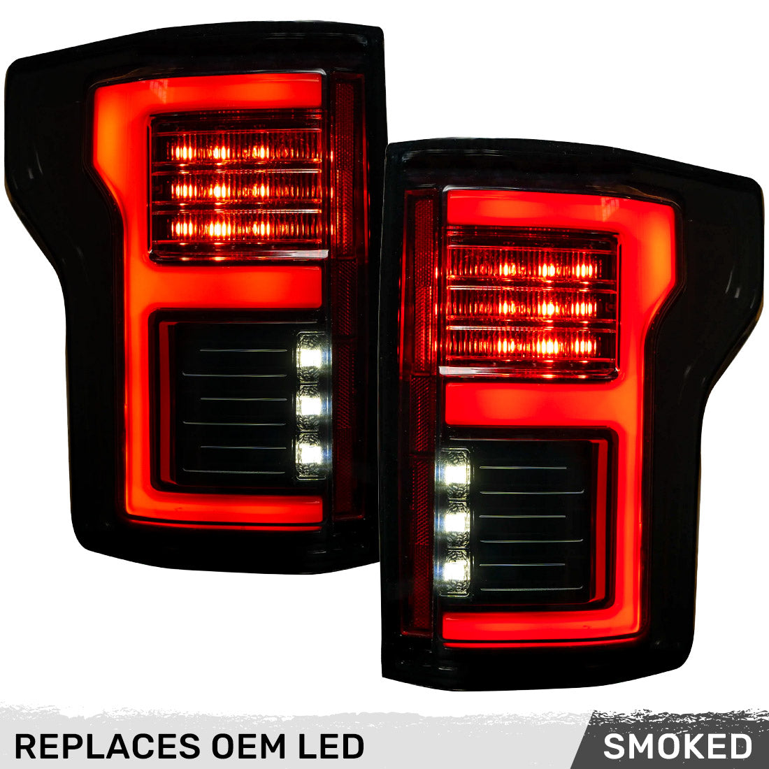 Ford F150 15-17 & RAPTOR 17-19 (Replaces OEM LED Style Tail Lights w/ Blind Spot Warning System) OLED TAIL LIGHTS - Smoked Lens - Image 2