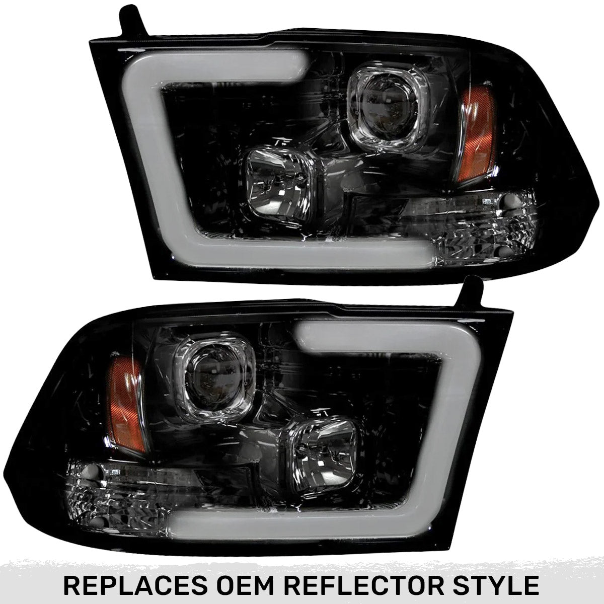 Dodge RAM 09-19 1500 4th GEN Body Style w/ OEM Standard Reflector Housing (Non-Projector ONLY) & 10-18 2500/3500 w/ OEM Standard Reflector Housing (Non-Projector ONLY) PROJECTOR HEADLIGHTS w/ Ultra High Power Smooth OLED HALOS & DRL - Smoked / Black - Image 3