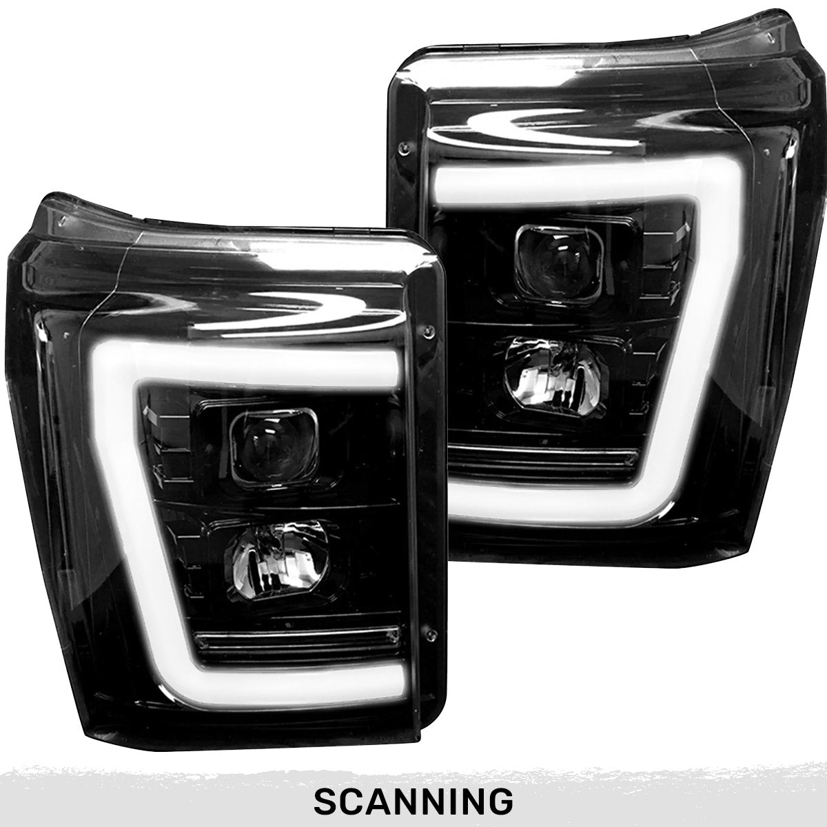 Ford Superduty 11-16 F250/F350/F450/F550 PROJECTOR HEADLIGHTS w/ Ultra High Power Smooth White OLED DRL & SCANNING SWITCHBACK High Power Amber LED Turn Signals - Smoked / Black