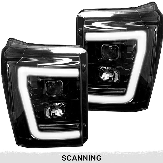 Ford Superduty 11-16 F250/F350/F450/F550 PROJECTOR HEADLIGHTS w/ Ultra High Power Smooth White OLED DRL & SCANNING SWITCHBACK High Power Amber LED Turn Signals - Smoked / Black
