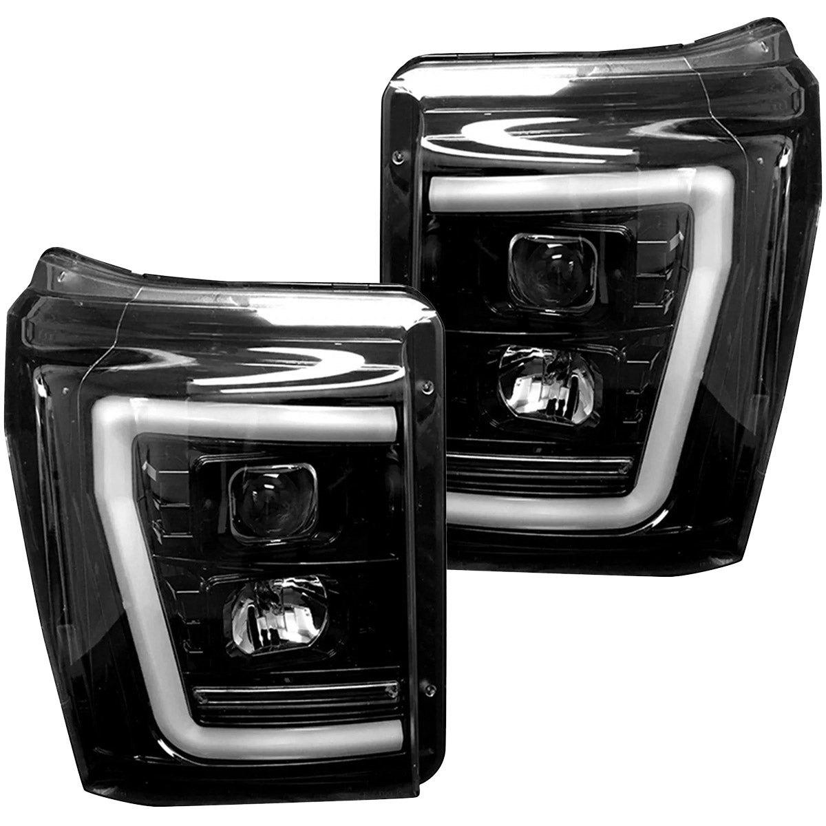 Ford Superduty 11-16 F250/F350/F450/F550 PROJECTOR HEADLIGHTS w/ Ultra High Power Smooth White OLED DRL & SCANNING SWITCHBACK High Power Amber LED Turn Signals - Smoked / Black - Image 2