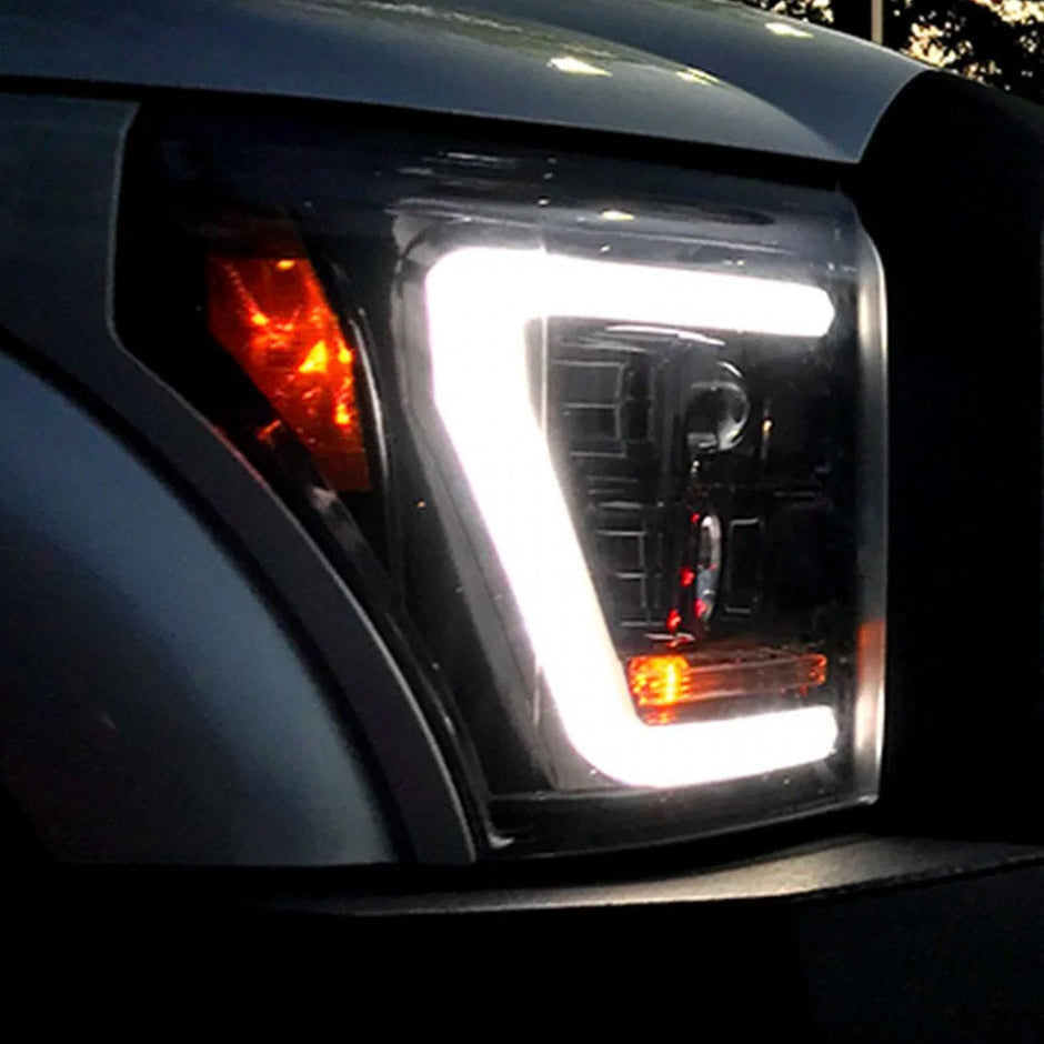 Ford Superduty 11-16 F250/F350/F450/F550 PROJECTOR HEADLIGHTS w/ Ultra High Power Smooth White OLED DRL & SCANNING SWITCHBACK High Power Amber LED Turn Signals - Smoked / Black - Image 3