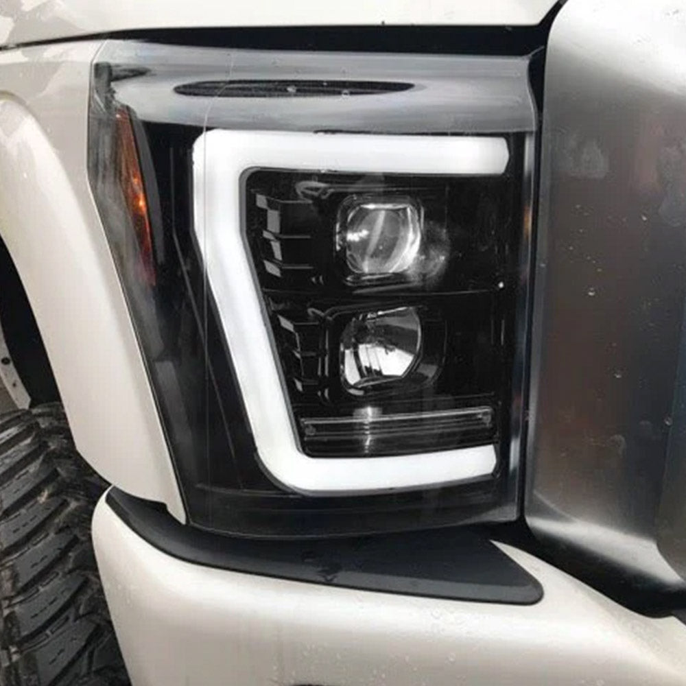 Ford Superduty 11-16 F250/F350/F450/F550 PROJECTOR HEADLIGHTS w/ Ultra High Power Smooth White OLED DRL & SCANNING SWITCHBACK High Power Amber LED Turn Signals - Smoked / Black - Image 4