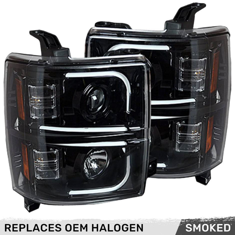 Chevrolet Silverado 1500 14-16 (Only Fits 3rd GEN without OEM LED DRL) PROJECTOR HEADLIGHTS w/ Ultra High Power Smooth OLED HALOS & DRL - Smoked / Black - Image 3