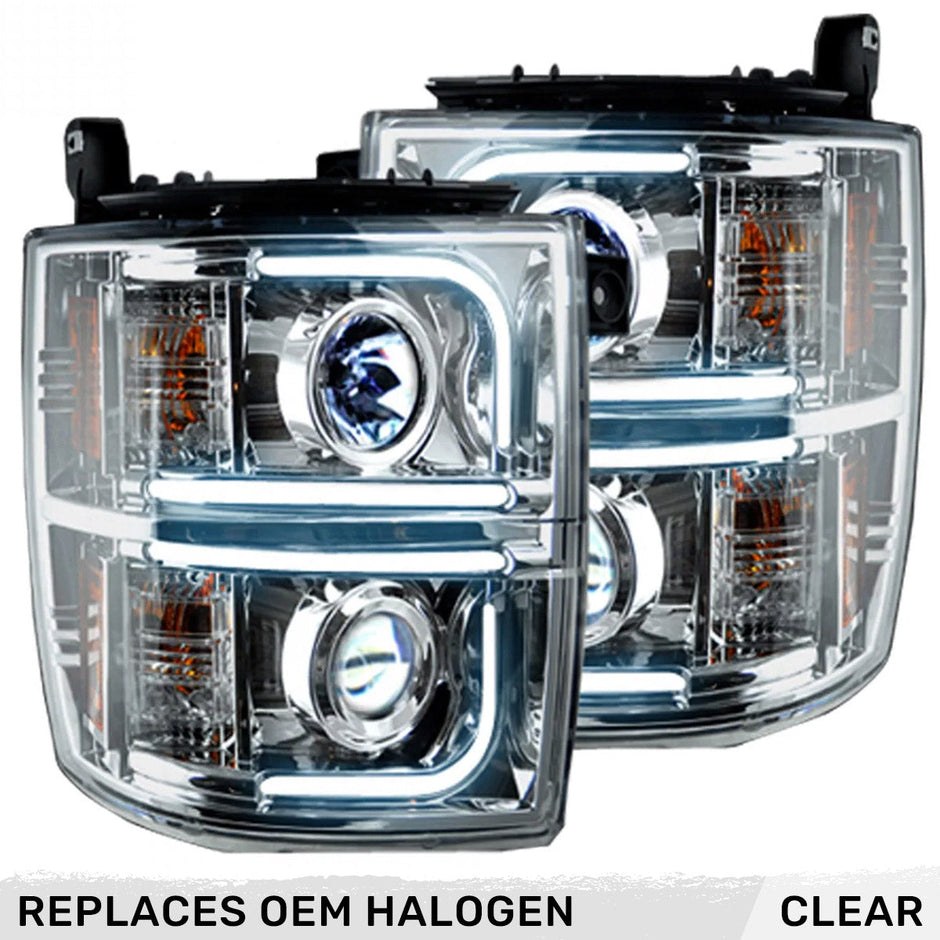 Chevrolet Silverado 1500 14-16 (Only Fits 3rd GEN without OEM LED DRL) PROJECTOR HEADLIGHTS w/ Ultra High Power Smooth OLED HALOS & DRL - Clear / Chrome - Image 2