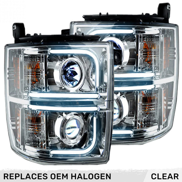 Chevrolet Silverado 1500 14-16 (Only Fits 3rd GEN without OEM LED DRL) PROJECTOR HEADLIGHTS w/ Ultra High Power Smooth OLED HALOS & DRL - Clear / Chrome - Image 2
