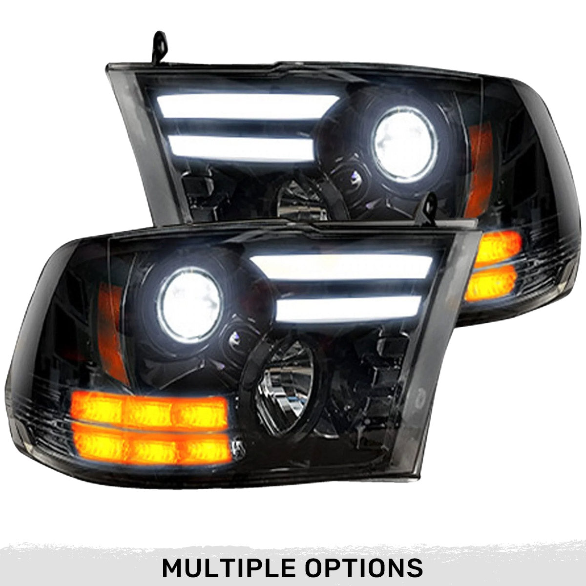 Dodge RAM 14-19 1500 4th GEN Body Style w/ OEM Projectors & 15-18 2500/3500 w/ OEM Projectors - PROJECTOR HEADLIGHTS w/ Ultra High Power Smooth OLED DRL & High Power Amber LED Turn Signals - Smoked / Black