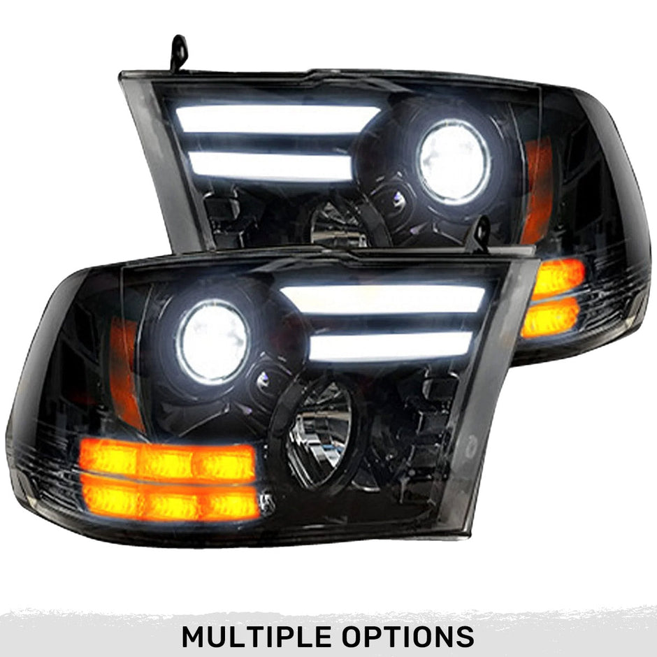 Dodge RAM 14-19 1500 4th GEN Body Style w/ OEM Projectors & 15-18 2500/3500 w/ OEM Projectors - PROJECTOR HEADLIGHTS w/ Ultra High Power Smooth OLED DRL & High Power Amber LED Turn Signals - Smoked / Black