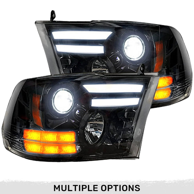 Dodge RAM 14-19 1500 4th GEN Body Style w/ OEM Projectors & 15-18 2500/3500 w/ OEM Projectors - PROJECTOR HEADLIGHTS w/ Ultra High Power Smooth OLED DRL & High Power Amber LED Turn Signals - Smoked / Black