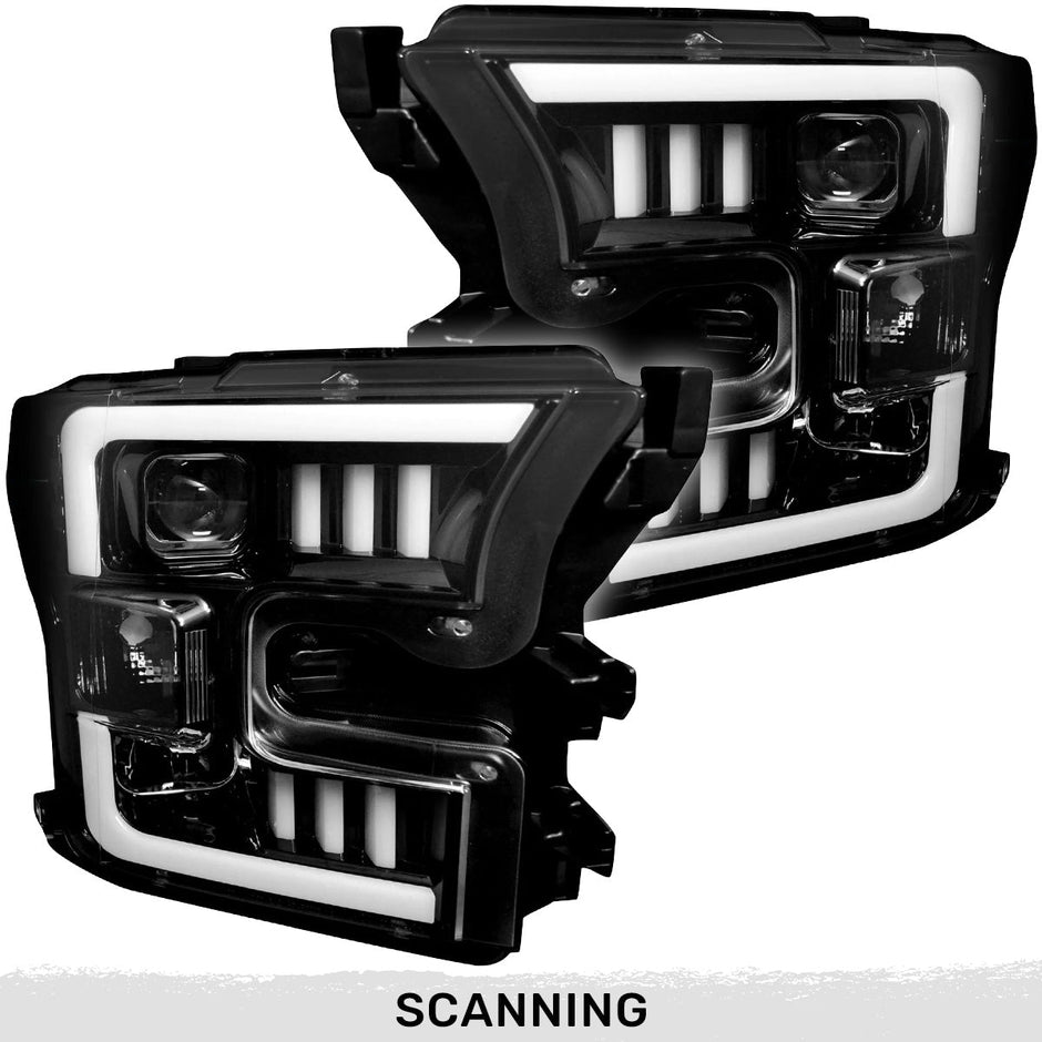 Ford F150 15-17 (Replaces OEM Halogen Style Head Lights Only) PROJECTOR HEADLIGHTS w/ Ultra High Power Smooth White OLED DRL & SCANNING SWITCHBACK High Power Amber LED Turn Signals - Smoked / Black