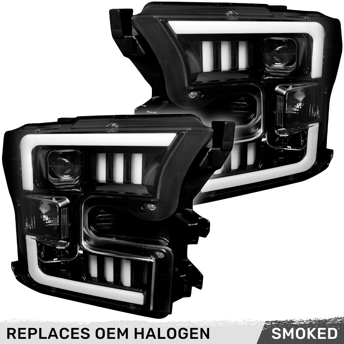 Ford F150 15-17 (Replaces OEM Halogen Style Head Lights Only) PROJECTOR HEADLIGHTS w/ Ultra High Power Smooth White OLED DRL & SCANNING SWITCHBACK High Power Amber LED Turn Signals - Smoked / Black - Image 3