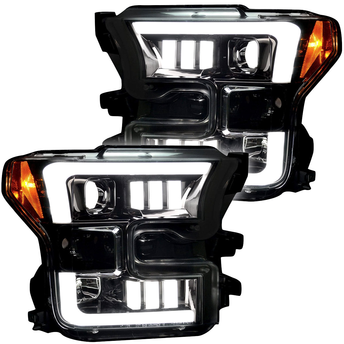 Ford F150 15-17 (Replaces OEM Halogen Style Head Lights Only) PROJECTOR HEADLIGHTS w/ Ultra High Power Smooth White OLED DRL & SCANNING SWITCHBACK High Power Amber LED Turn Signals - Smoked / Black - Image 2