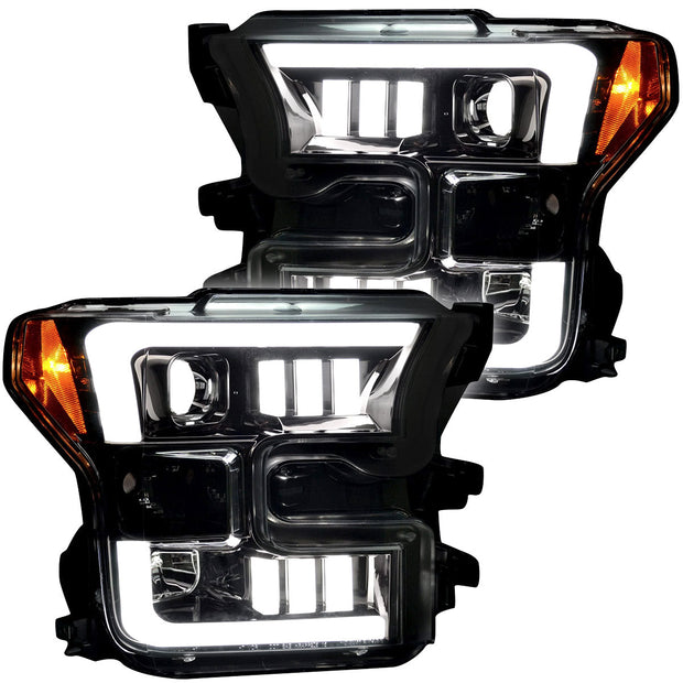 Ford F150 15-17 (Replaces OEM Halogen Style Head Lights Only) PROJECTOR HEADLIGHTS w/ Ultra High Power Smooth White OLED DRL & SCANNING SWITCHBACK High Power Amber LED Turn Signals - Smoked / Black - Image 2
