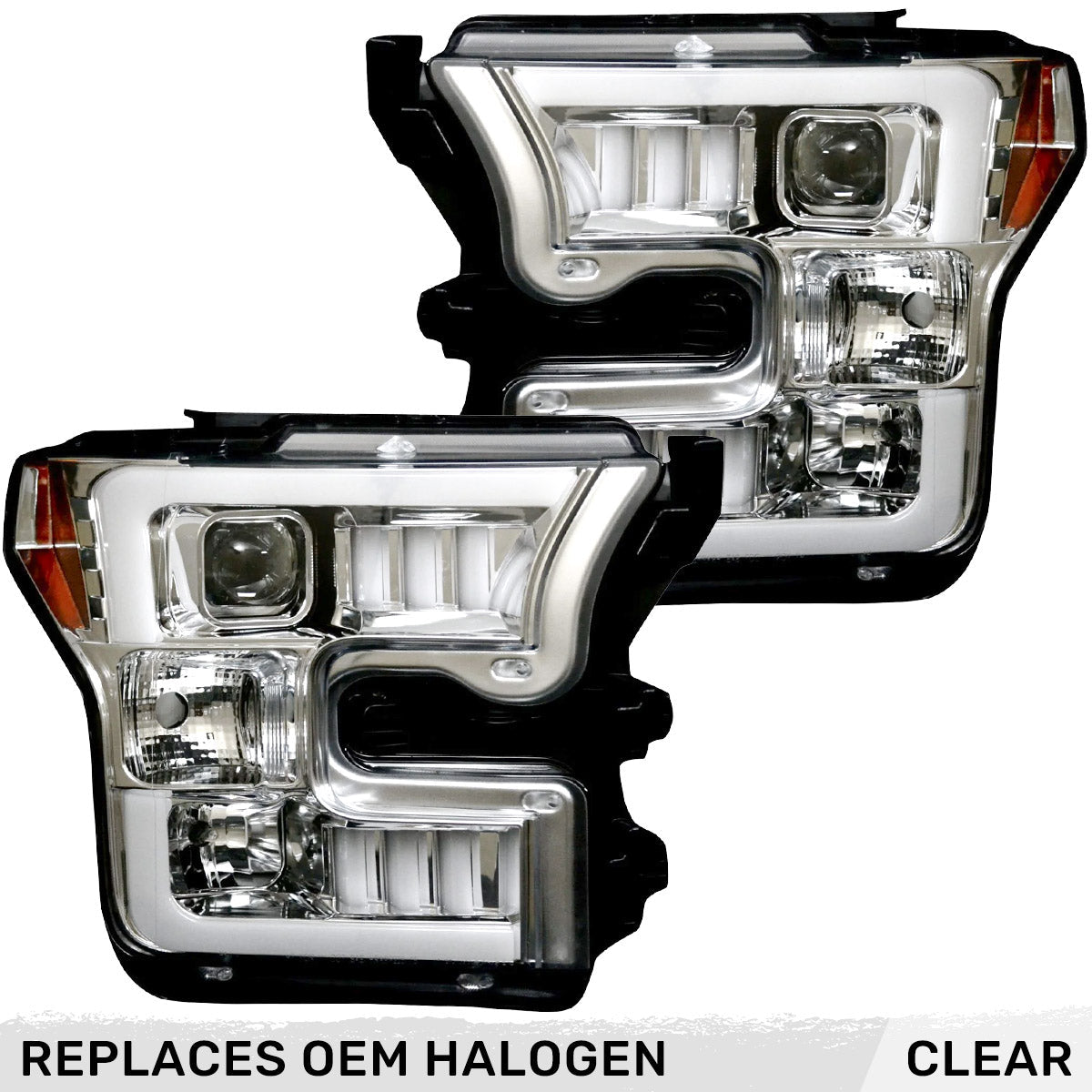 Ford F150 15-17 (Replaces OEM Halogen Style Head Lights Only) PROJECTOR HEADLIGHTS - Clear / Chrome - Image 4