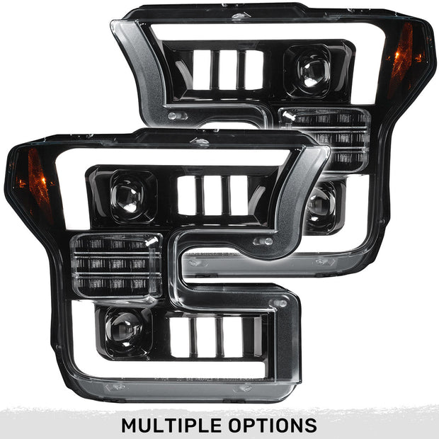 Ford F150 15-17 (Replaces OEM Halogen Style Head Lights Only) 6K LED PROJECTOR HEADLIGHTS w/ Ultra High Power Smooth OLED DRL & SCANNING SWITCHBACK High Power Amber LED Turn Signals - Smoked / Black