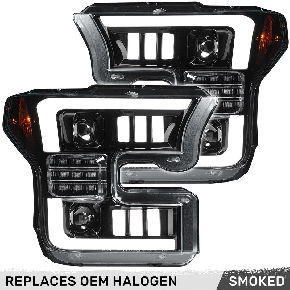 Ford F150 15-17 (Replaces OEM Halogen Style Head Lights Only) 6K LED PROJECTOR HEADLIGHTS w/ Ultra High Power Smooth OLED DRL & SCANNING SWITCHBACK High Power Amber LED Turn Signals - Smoked / Black - Image 3